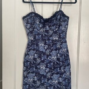 Francesca's Blue and White Floral Mini Dress with Navy Lace Trim